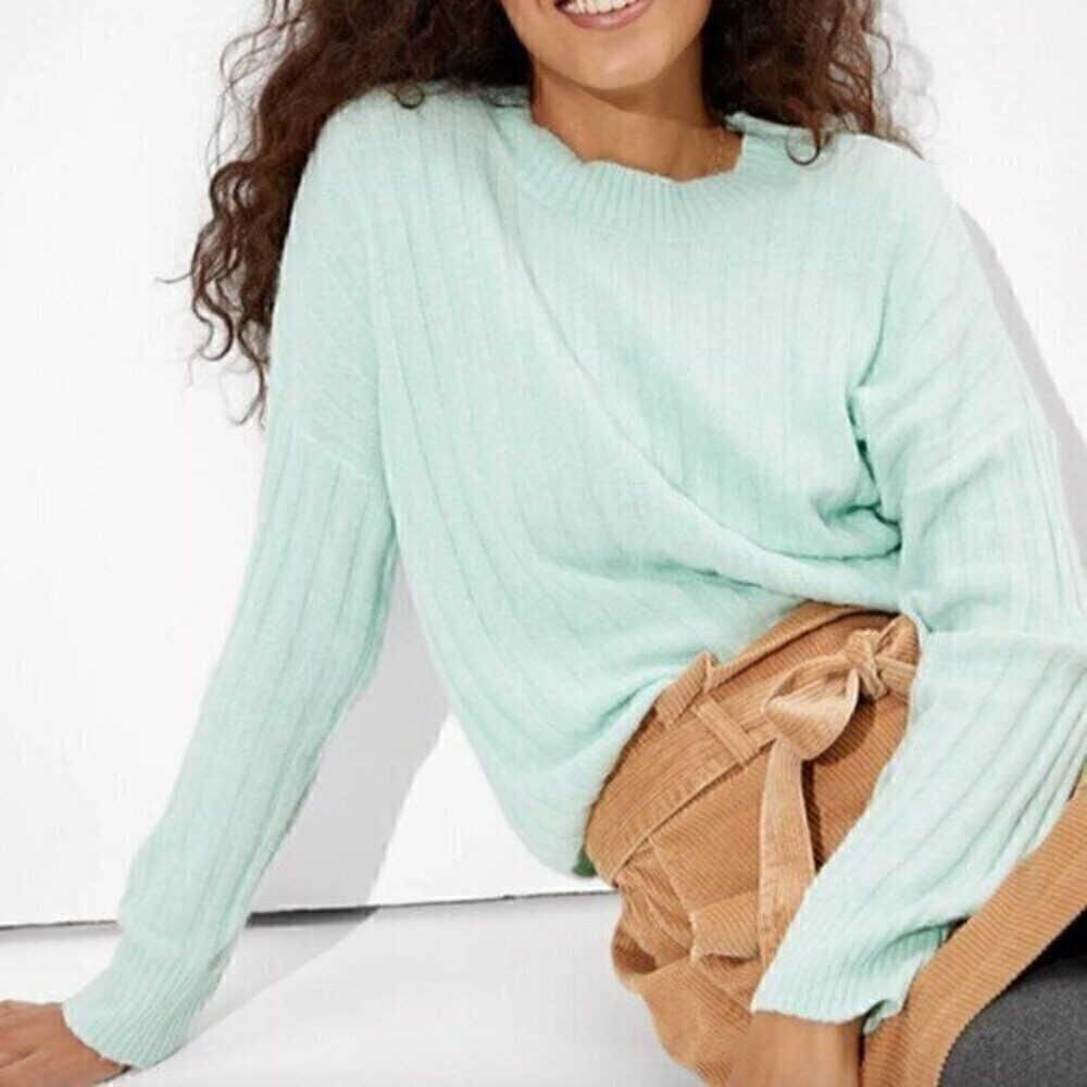 American Eagle Mint Green Ribbed Knit Crew Neck Sweater XS Soft Lounge